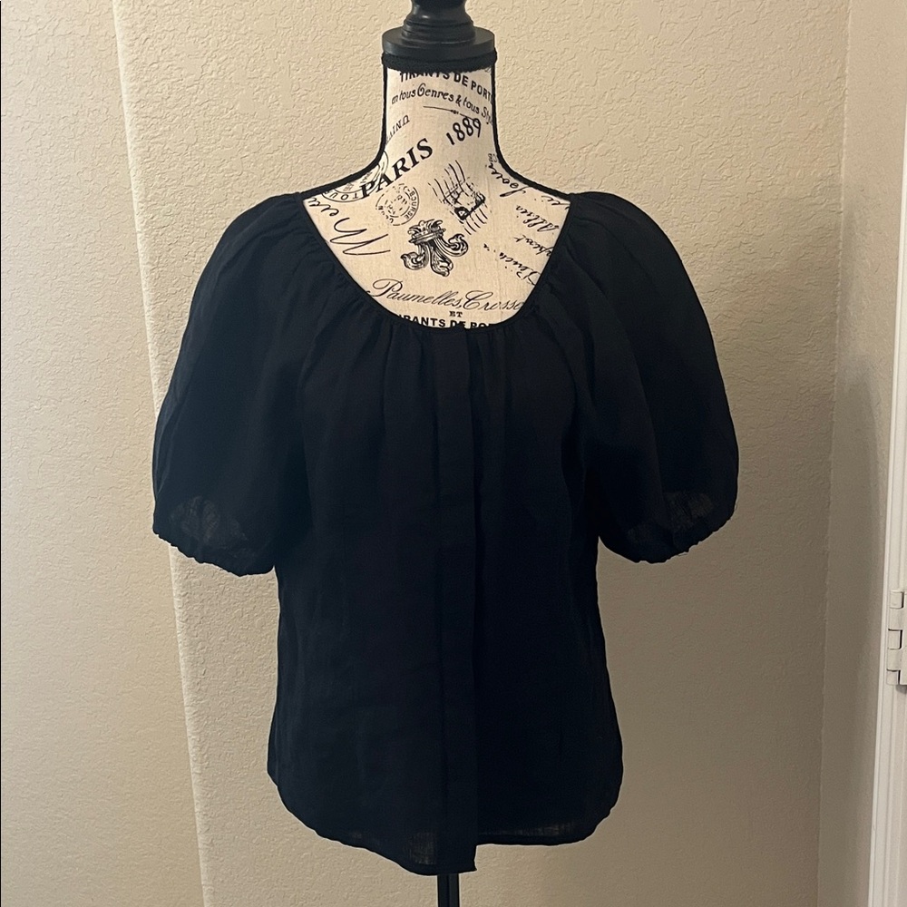 J. Crew Black Puff Sleeve Linen Blouse